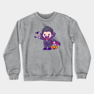 Cute Dracula Holding Pumpkin Basket With Candy And Bats Crewneck Sweatshirt